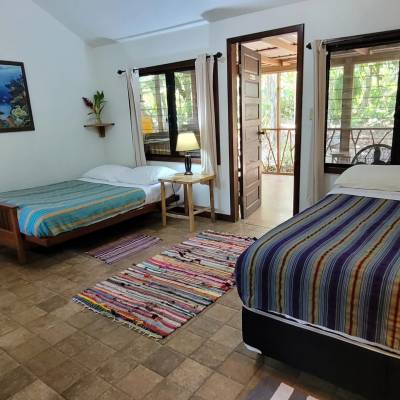 Our Shanti Casita cabin with two queen beds, its own private screened porch, Balance Point Wellness Belize, Bullet Tree Falls